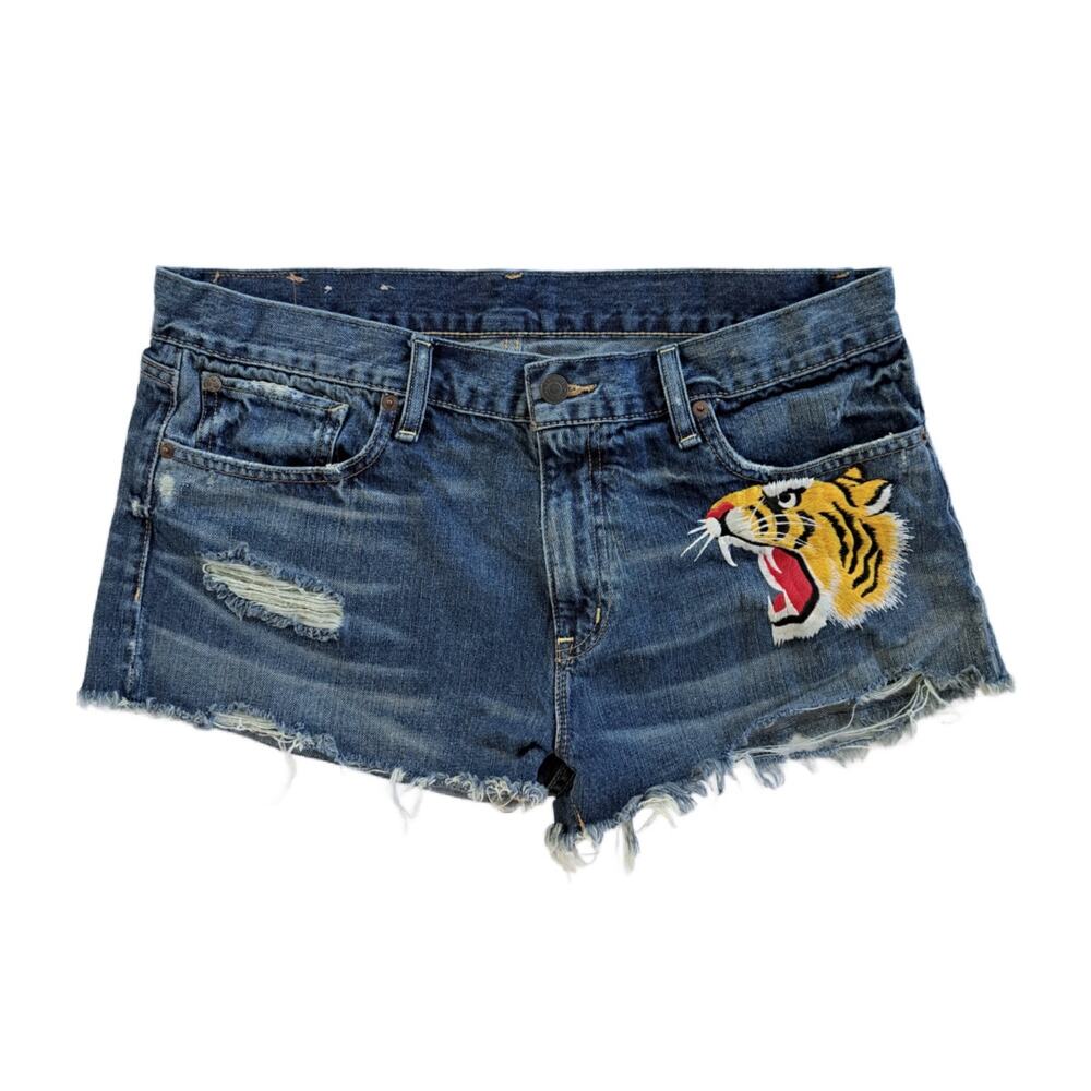 Ralph Lauren Boyfriend Cutoff Denim Short Embroidered Tiger Sz 31 Festival Indie